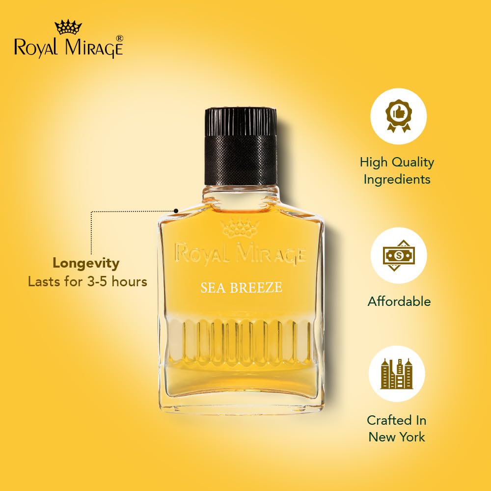 Royal Mirage Sea Breeze perfume bottle on a yellow background with brand features highlighted.