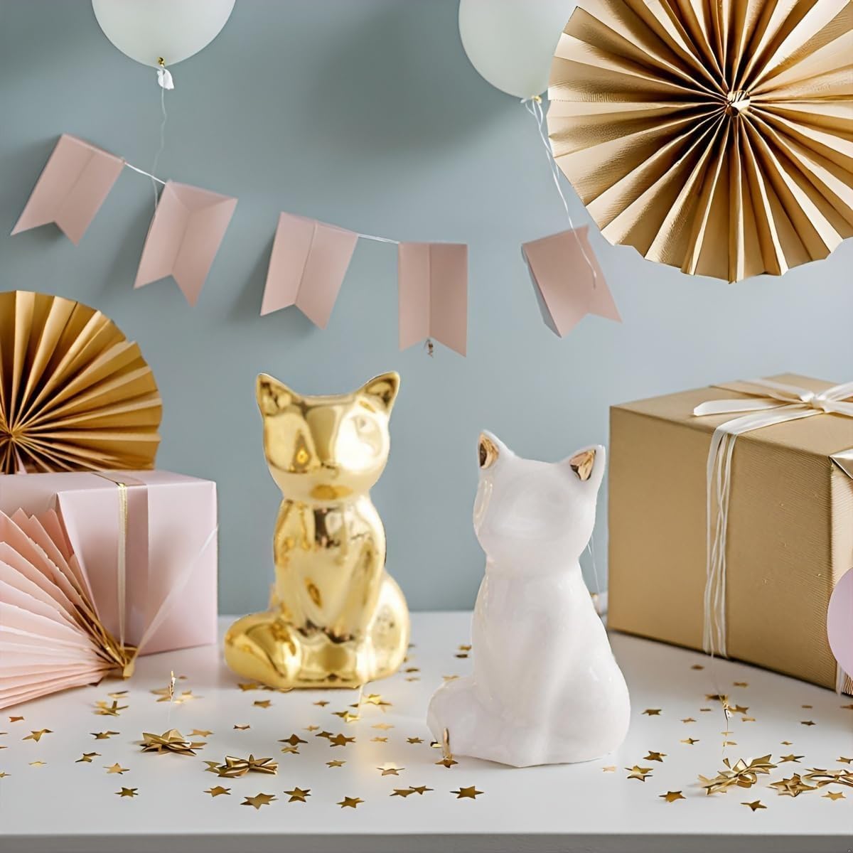 Street27® Home Decor Elephant Statues,1 Pair, Small Decorative Accents for Shelves, Livingroom and Bedroom, Gold and White (2pcs Cute Fox)