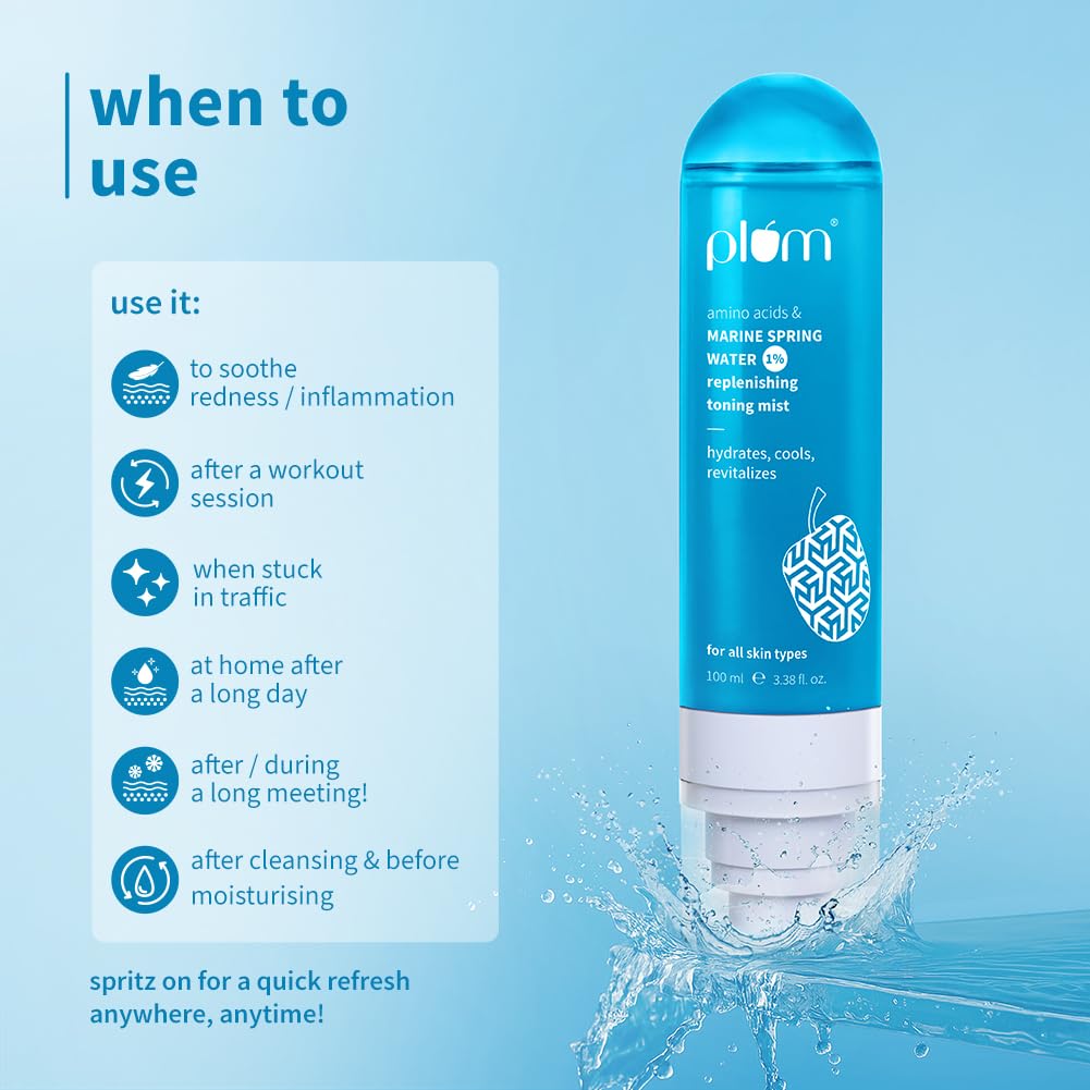 Plum 1% Marine Spring Water Replenishing Toning Mist Spray with Amino Acids | Hydrates, Cools & Revitalizes | with Active Minerals | On-the-go Soothing Face Mist | Face Toner for Women & Men | Suits All Skin Types | 100ml