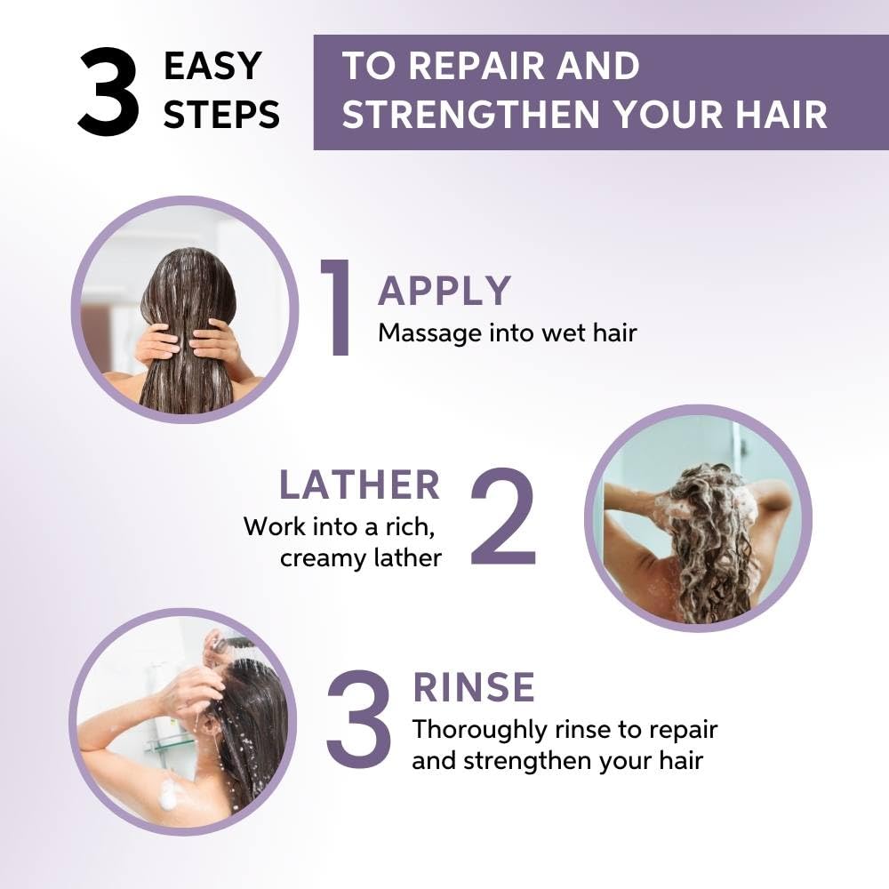 Three-step guide to repair and strengthen hair with images and text on a light purple background.