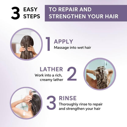 Three-step guide to repair and strengthen hair with images and text on a light purple background.