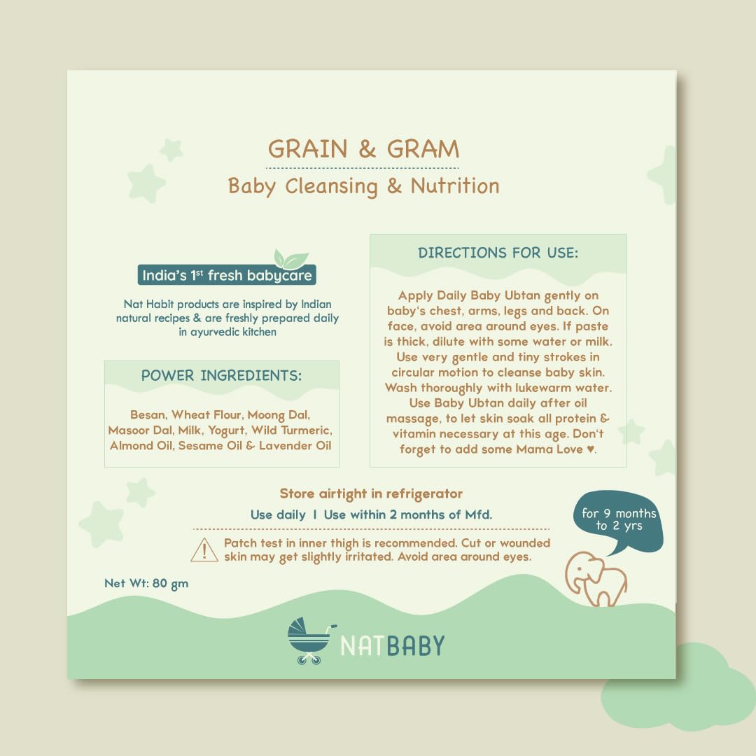 Nat Habit Baby Bath Ubtan with Grain & Gram | Gentle Daily Ubtan for 9 Months to 2 Years Old | Natural, Soap-Free Baby Body Wash | Head to Toe Wash for Babies & Kids | Chemical-Free & Safe, 80g