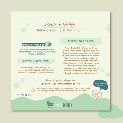 Nat Habit Baby Bath Ubtan with Grain & Gram | Gentle Daily Ubtan for 9 Months to 2 Years Old | Natural, Soap-Free Baby Body Wash | Head to Toe Wash for Babies & Kids | Chemical-Free & Safe, 80g