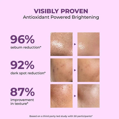 Product advertisement for antioxidant-powered brightening with skin before and after images on a purple background.