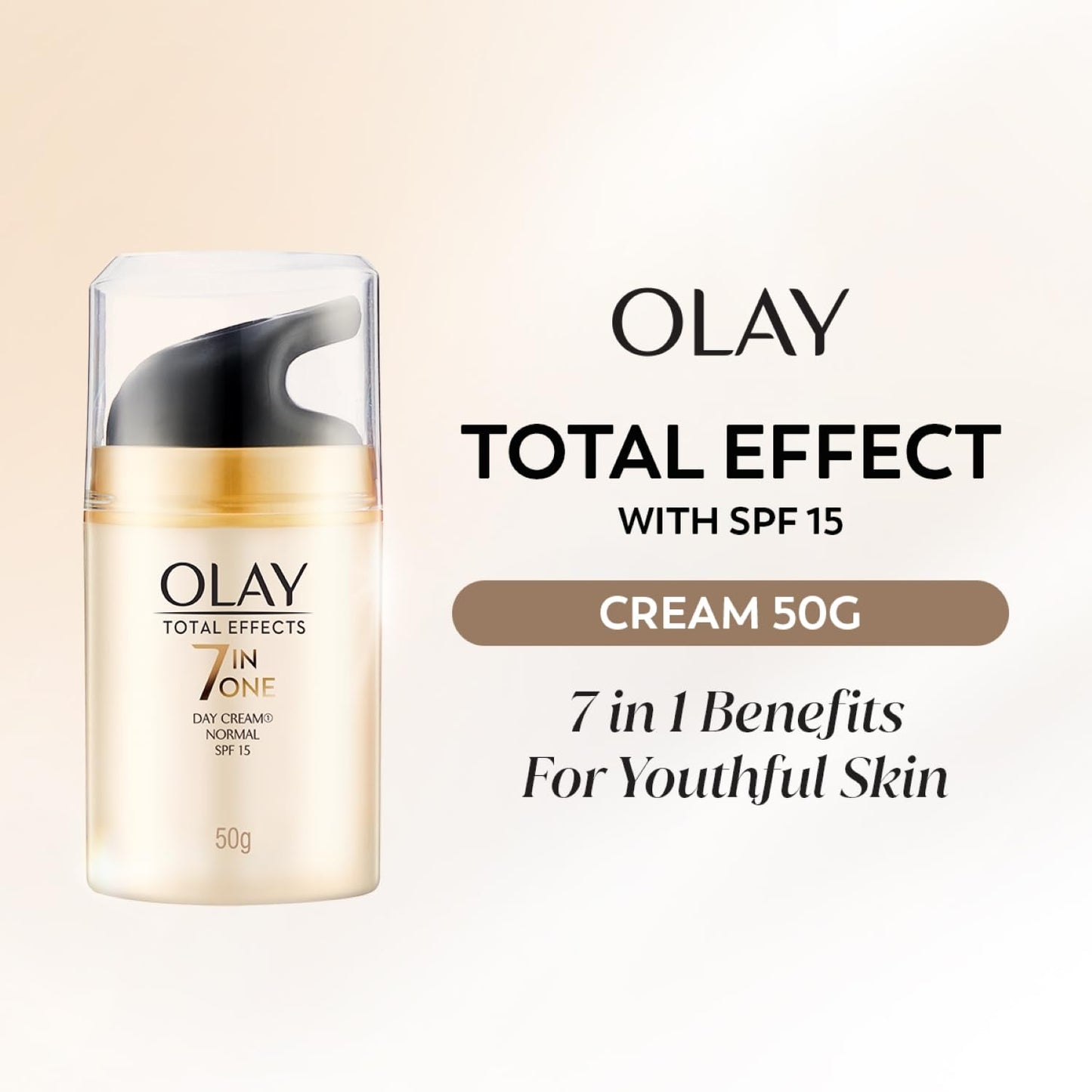 Olay Total Effect cream packaging with text on a beige background