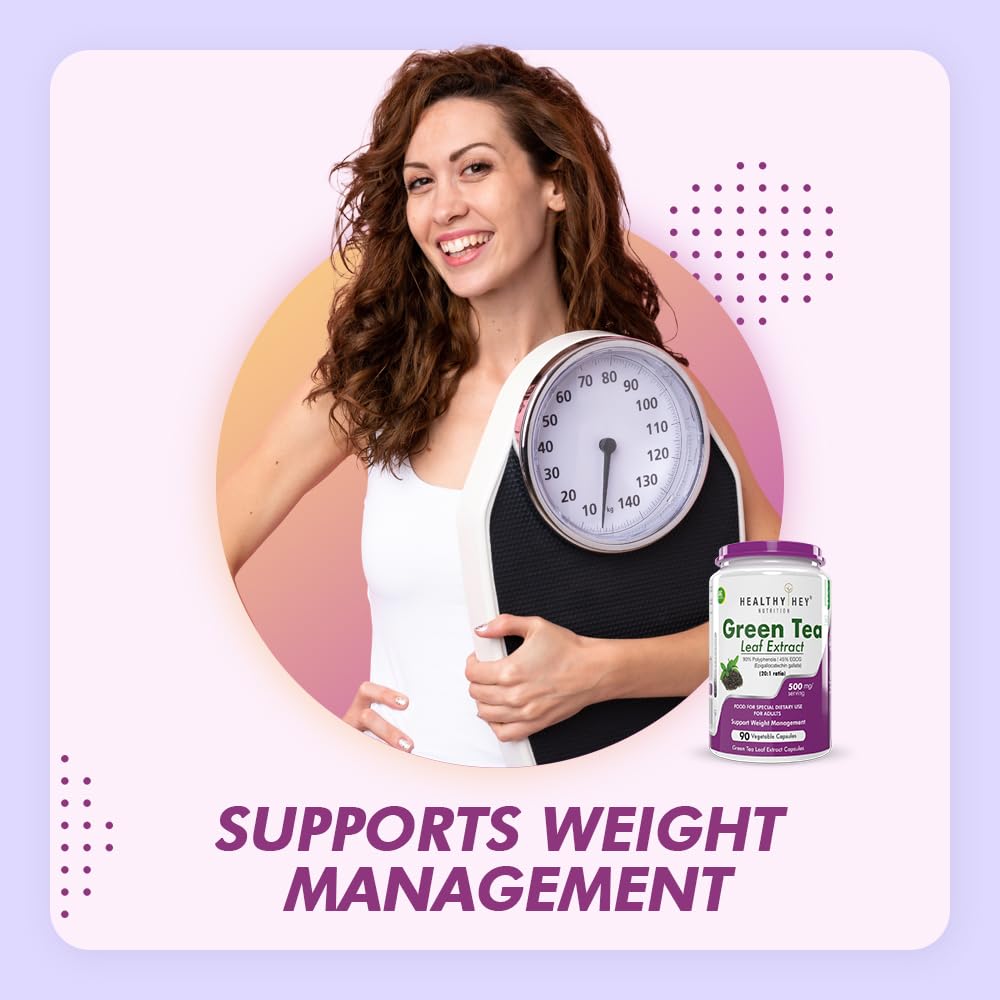 Woman holding a weight scale with a bottle of Green Tea Leaf Extract on a purple background