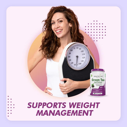 Woman holding a weight scale with a bottle of Green Tea Leaf Extract on a purple background