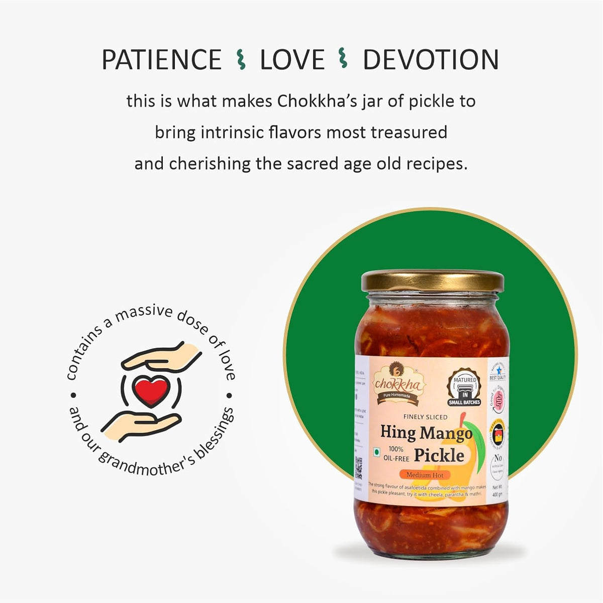 Chokkha Traditional Homemade Hing Mango Pickle | Hing aam ka achar | Good for Digestion | 100% Oil-Free Pickle | Handcut | Sun Dried | No Artificial Colors | No Vinegar or Tatri | 400 Gm