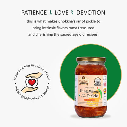 Chokkha Traditional Homemade Hing Mango Pickle | Hing aam ka achar | Good for Digestion | 100% Oil-Free Pickle | Handcut | Sun Dried | No Artificial Colors | No Vinegar or Tatri | 400 Gm