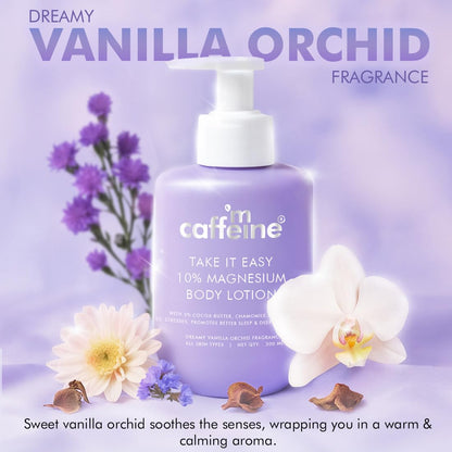 Body lotion bottle with vanilla orchid fragrance on a purple background with flowers.