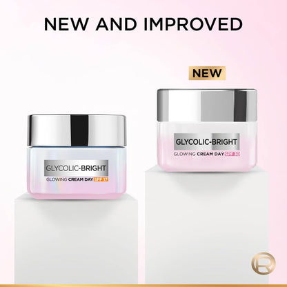 L'Oreal Paris Glycolic Bright Glowing Day Cream, Overnight Brightening Cream, Glycolic Acid in Gel-Like Cream Texture, that Visbily Minimizes Spots & Reveals Glowing skin, 50ml