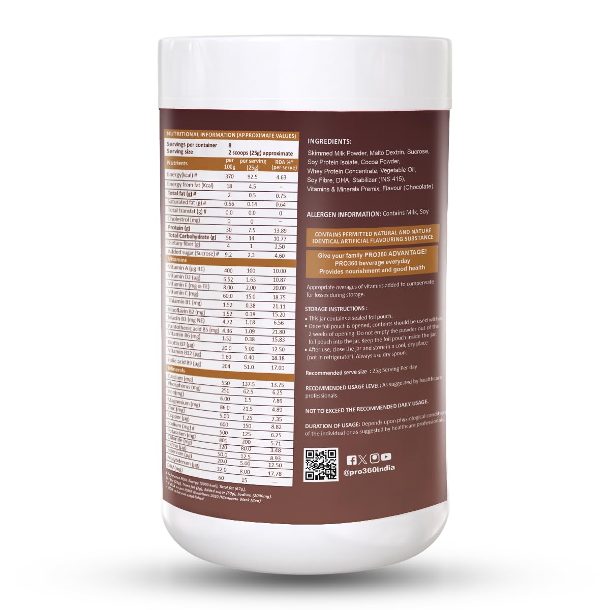 Pro360 Classic Daily Wellness Health Supplement Family Nutrition Protein Powder for Men and Women (200g, Chocolate)