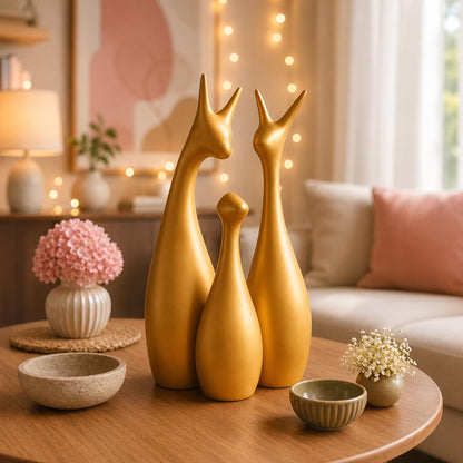Home Decor Lucky Deer Family Ceramic Figurine (Set of 3, Gold Matte)