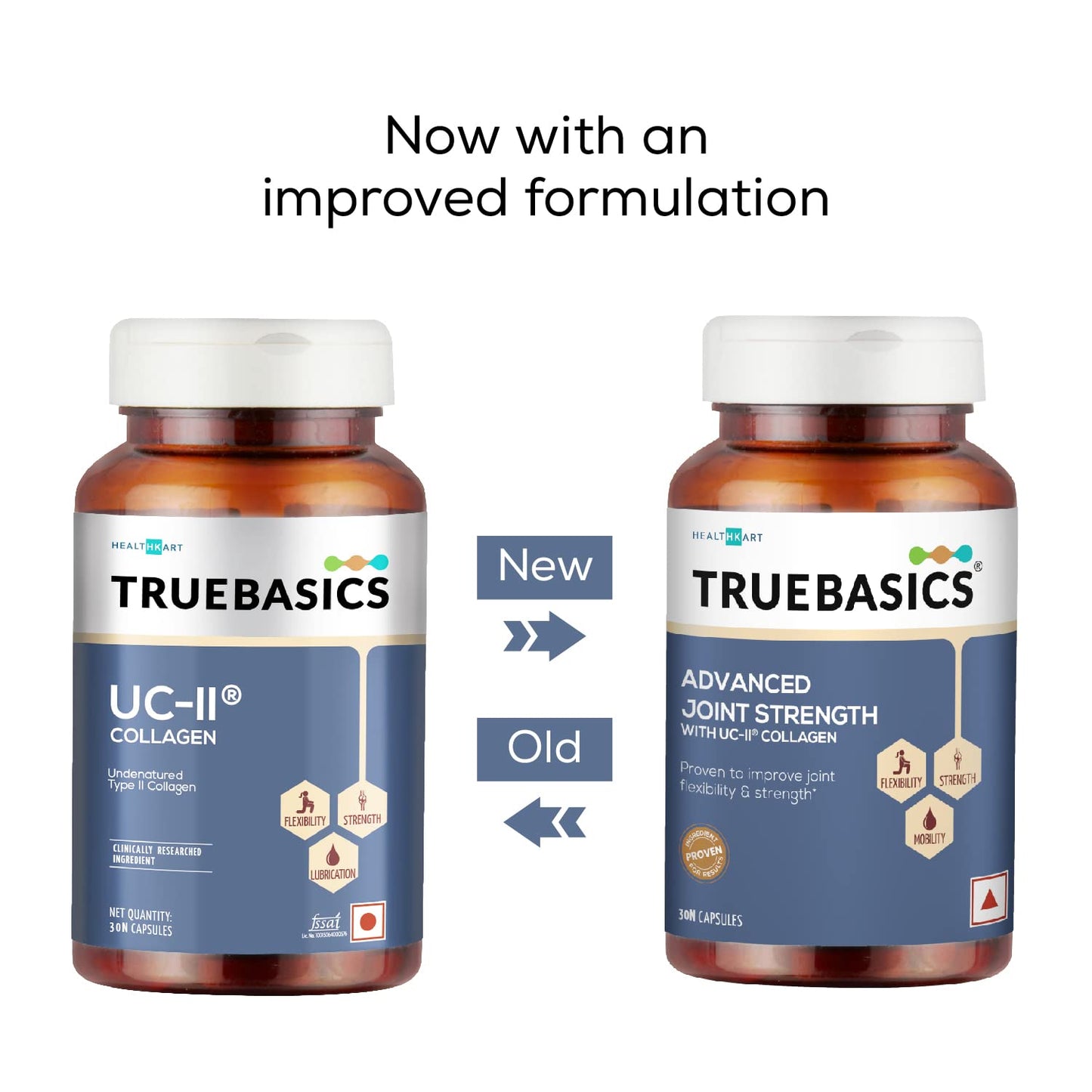 Two bottles of TrueBasics supplements with a comparison label on a white background