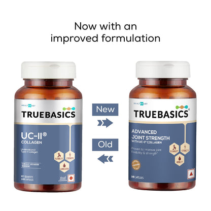 Two bottles of TrueBasics supplements with a comparison label on a white background