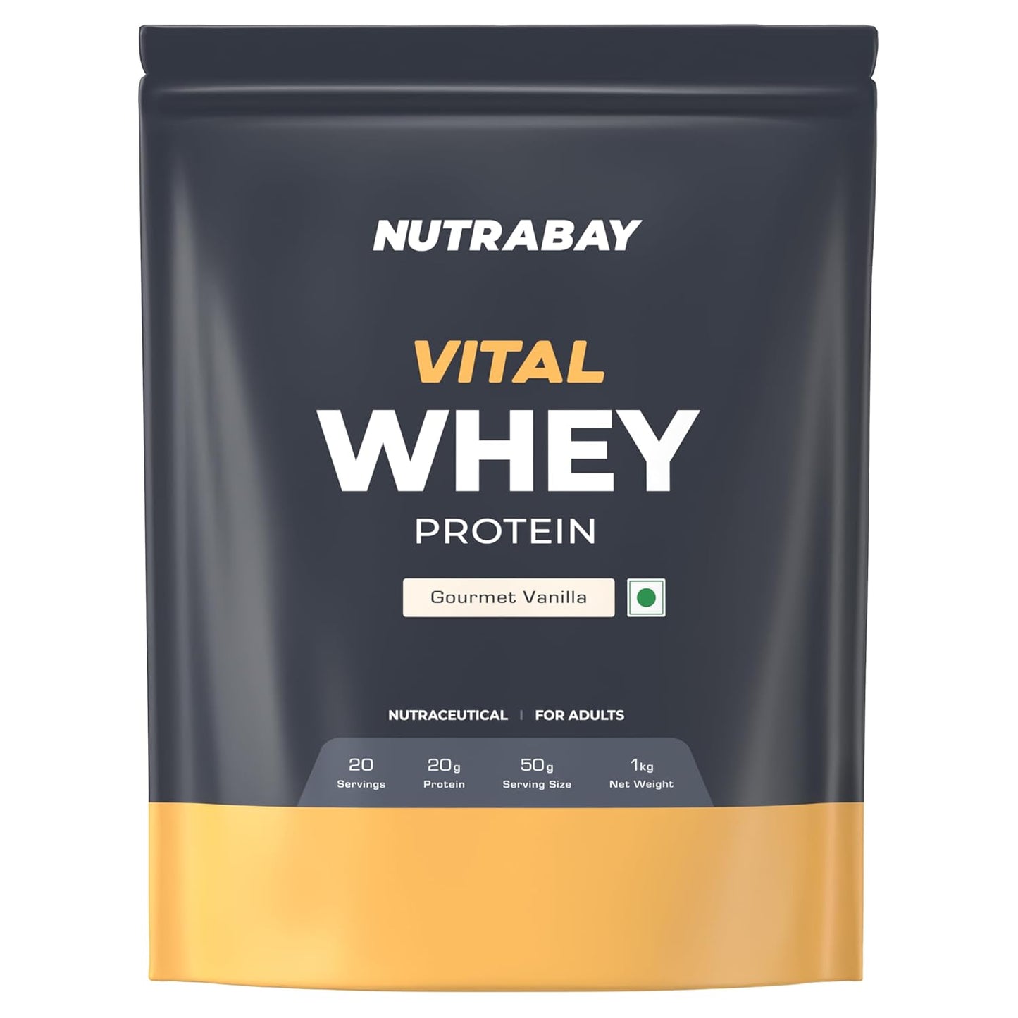 Nutrabay Vital Whey Protein package in Gourmet Vanilla flavor on a white background