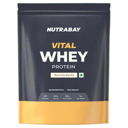 Nutrabay Vital Whey Protein package in Gourmet Vanilla flavor on a white background