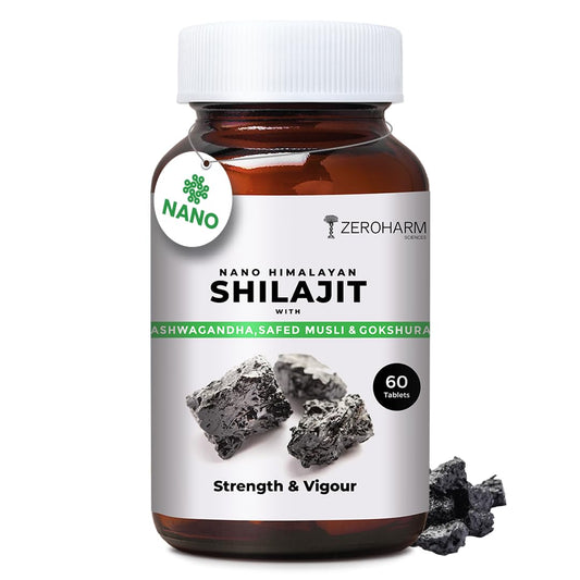 ZEROHARM Nano Himalayan Shilajit With Ashwagandha, Safed Musli & Goksura | Boosts Fitness, Stamina | Improves Energy, Performance & Helps Manage Stress | For Men and Women | 60 Shilajit Tablets