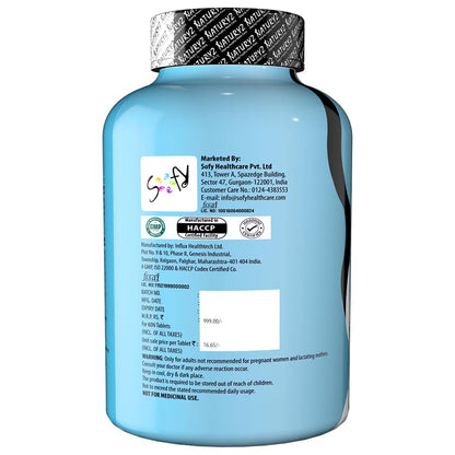 Blue supplement bottle with label on a white background