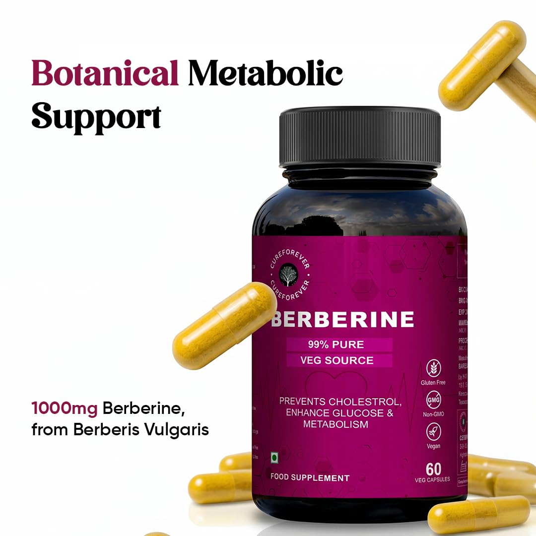CUREFOREVER 99% Pure Berberine Capsule 1000mg (60 Veg Capsules) - Berberine Supplement Supports Cholestrol, Glucose & Metabolism | 30 Days Serving - High Strength, Berberis Vulgaris - 60 Count