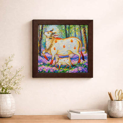 Kamdhenu Divine Vastu Sacred Cow Calf Hindu Spiritual Religious Pooja Mandir Traditional Indian Floral Theme Framed Poster Artwork Decor Painting
