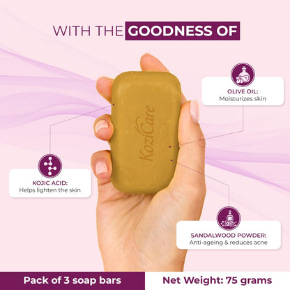 Kozicare Kojic Acid Soap & Glutathione Soap | Sandal | Body Tan Removal & Detan | Sandalwood Ghar Ka | Natural | Combo Offers 75g- Pack of 3