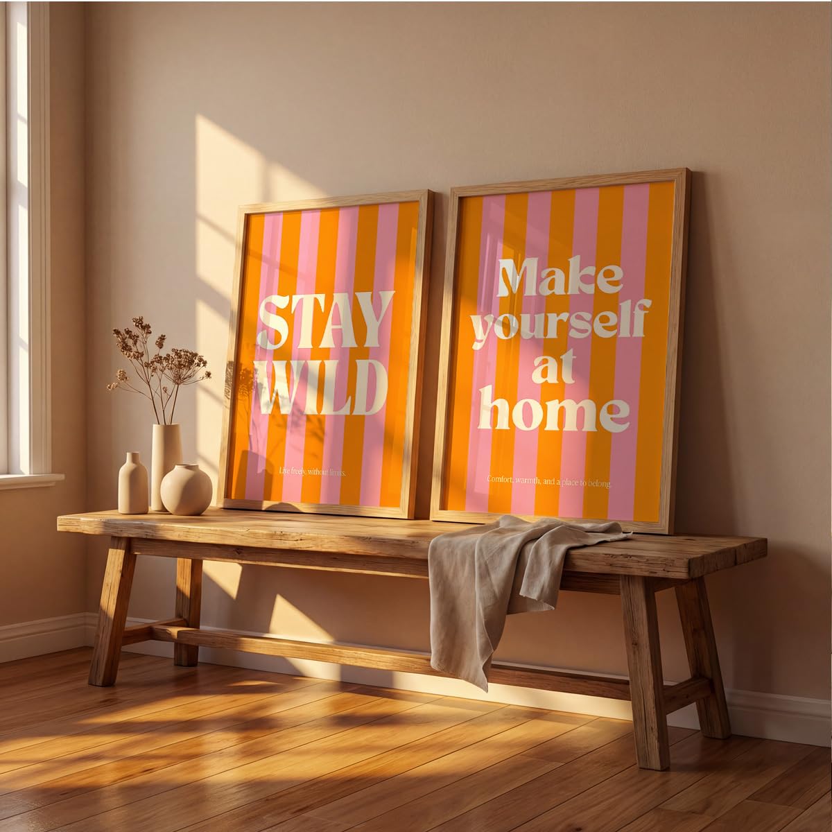 Stay Wild Make Yourself At Home Wall Art Set of 2 Framed Paintings | Orange Pink Retro Typography Poster | Bedroom Living Room Home Décor (Art 8, 10x13 Inches)