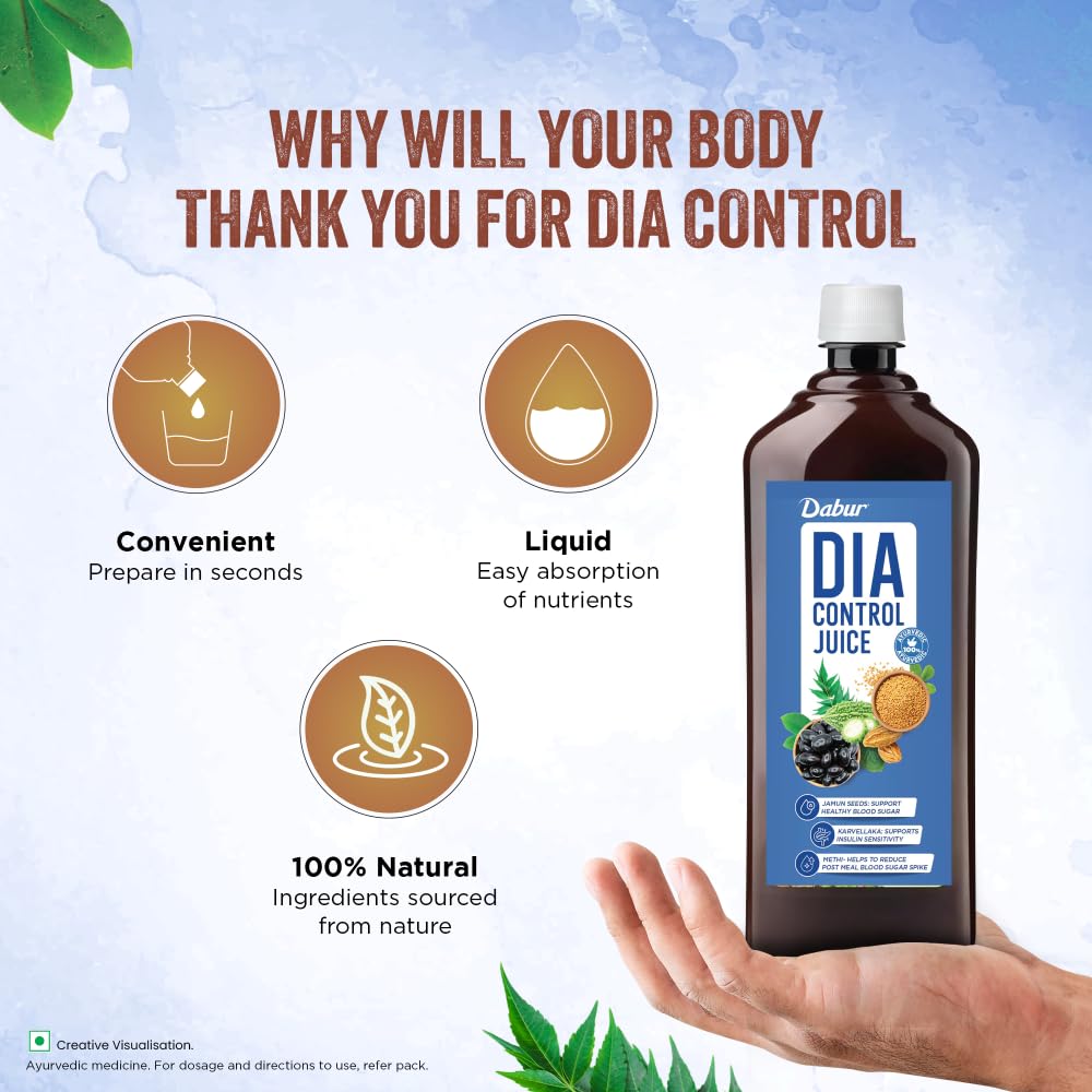Dahur Dia Control Juice bottle with benefits listed on a blue gradient background