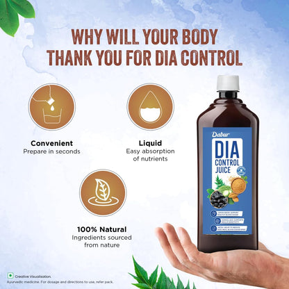 Dahur Dia Control Juice bottle with benefits listed on a blue gradient background