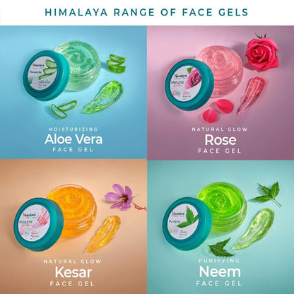 Himalaya range of face gels with Aloe Vera, Rose, Kesar, and Neem on a colorful background.