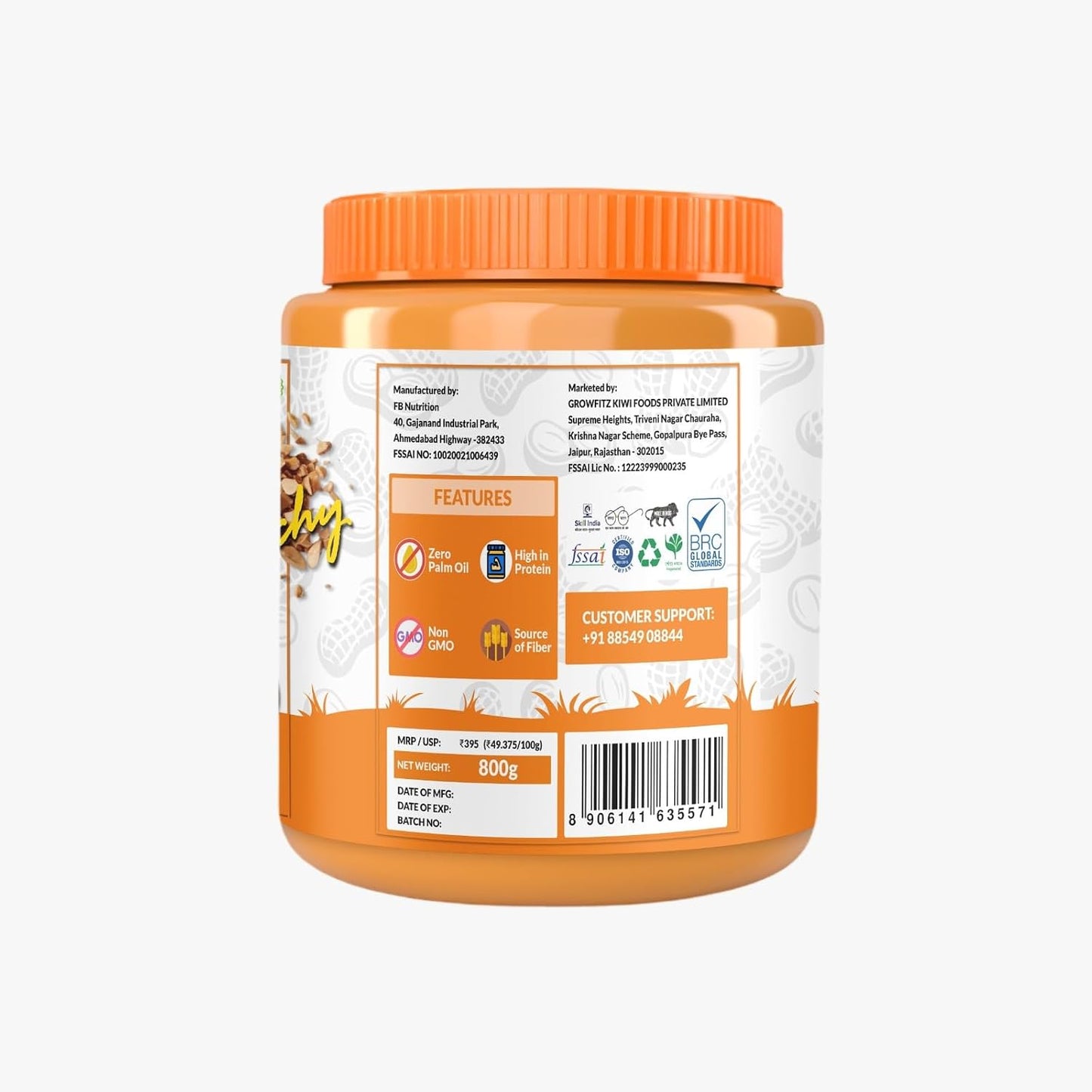 Growfitz Natural Peanut Butter Smooth 800g | 26g High Protein | Unsweetened, 100% Roasted Peanuts | Nut Butter Spread for Workout | No Sugar, No Palm Oil, Gluten & Cholesterol Free (Pack of 1)