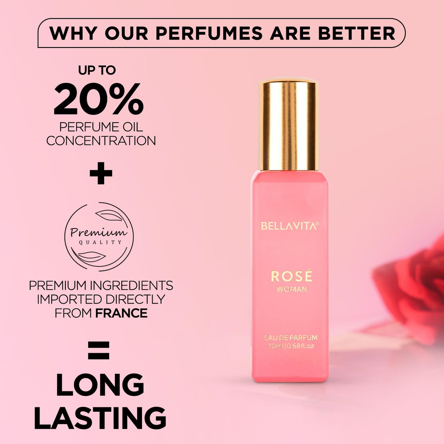 Bella Vita Luxury Organic Luxury Rose Woman Eau De Parfum Liquid Perfume for Women with Woody Rose, Jasmine, Black Currant, Vanilla & Amber | Long Lasting Fragrance EDP For Everyday Wear | 20 ML