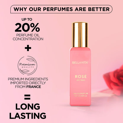 Bella Vita Luxury Organic Luxury Rose Woman Eau De Parfum Liquid Perfume for Women with Woody Rose, Jasmine, Black Currant, Vanilla & Amber | Long Lasting Fragrance EDP For Everyday Wear | 20 ML