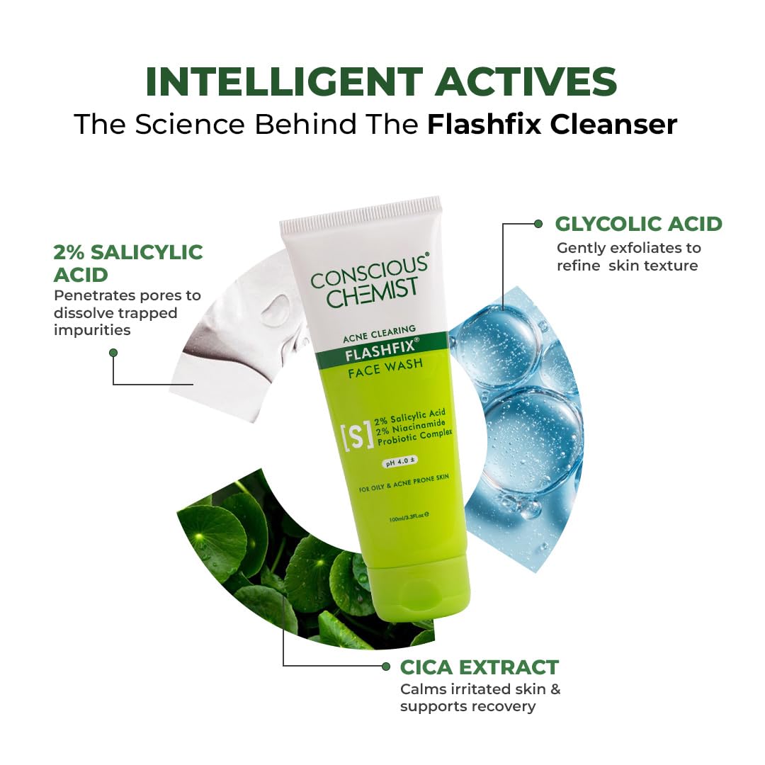 Conscious Chemist Flashfix Cleanser with ingredients highlighted on a white background