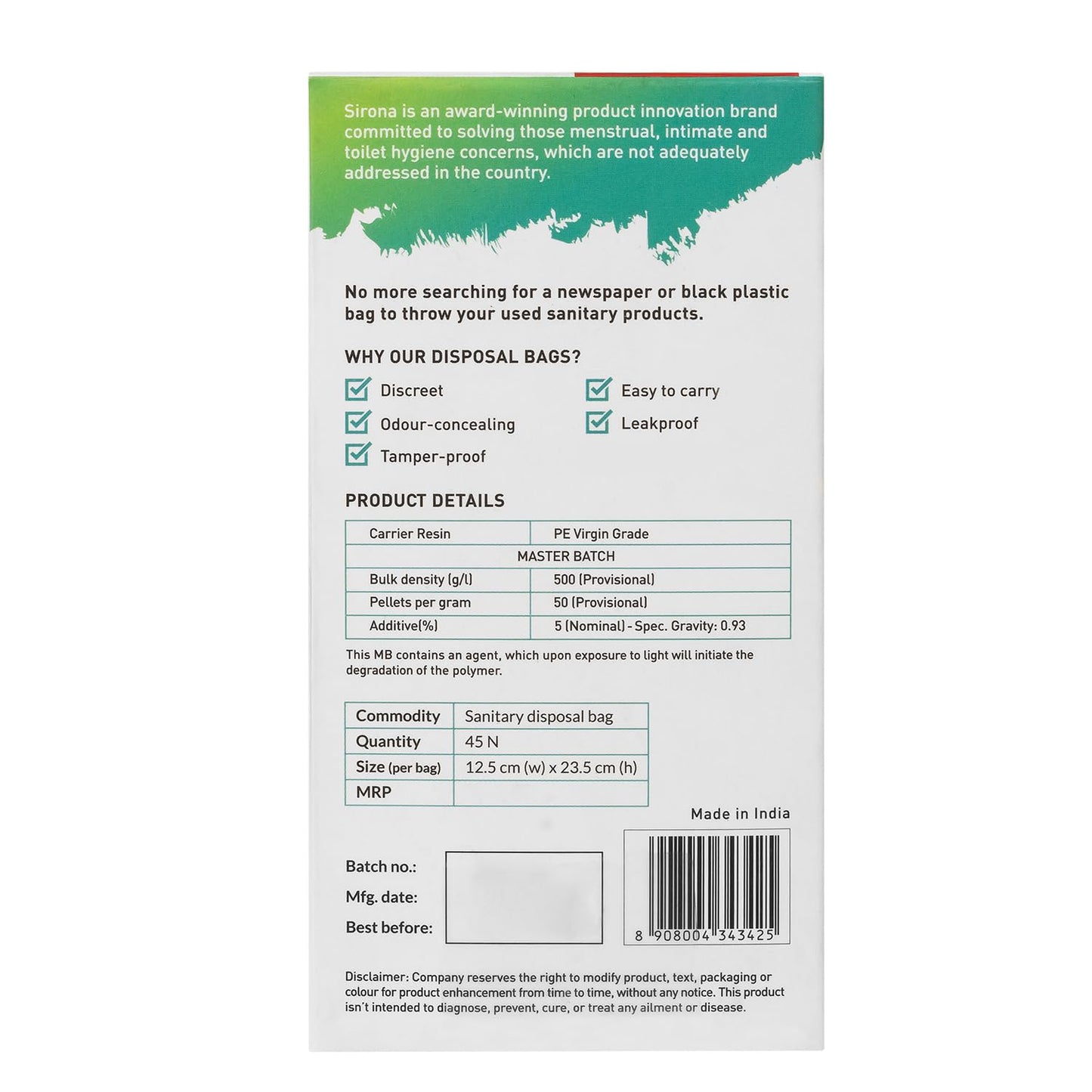 Back of a product packaging for sanitary disposal bags with text and checkboxes on a white background.