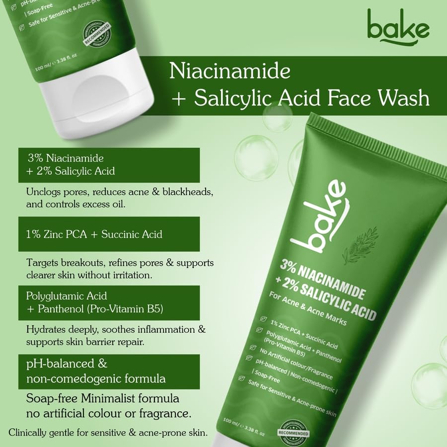 BAKE 2% Salicylic Acid & 3% Niacinamide Face Wash for Oily, Acne-Prone Skin | Treats Active Breakouts & Fades Marks & Dark Spots | Daily Anti-Acne Cleanser - 100ml