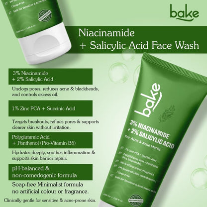 BAKE 2% Salicylic Acid & 3% Niacinamide Face Wash for Oily, Acne-Prone Skin | Treats Active Breakouts & Fades Marks & Dark Spots | Daily Anti-Acne Cleanser - 100ml