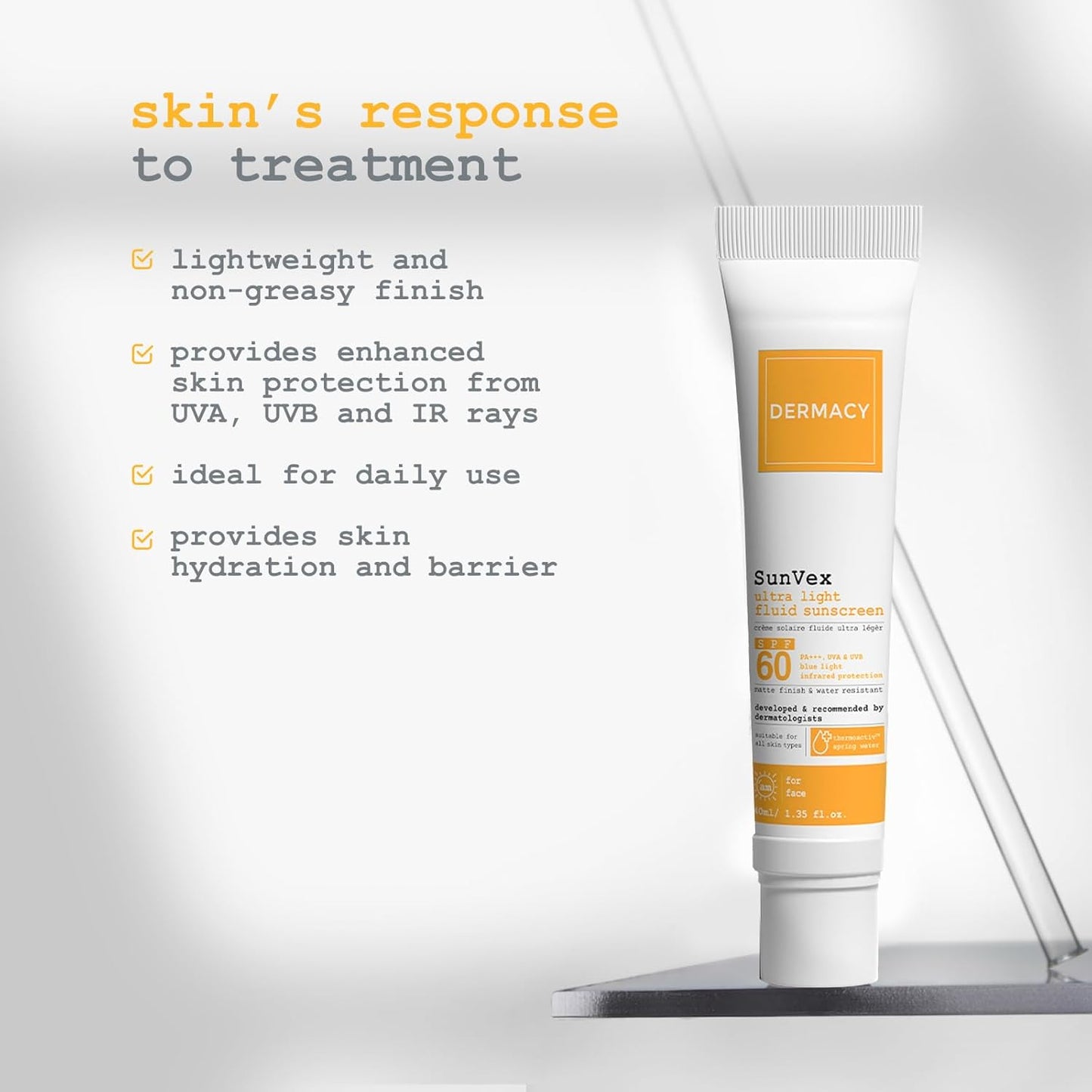 Dermacy Sunvex | Ultra Light Fluid Sunscreen | SPF 60 PA+++ | Non Greasy Sun Protection | Suitable For All Skin Types | 40ml