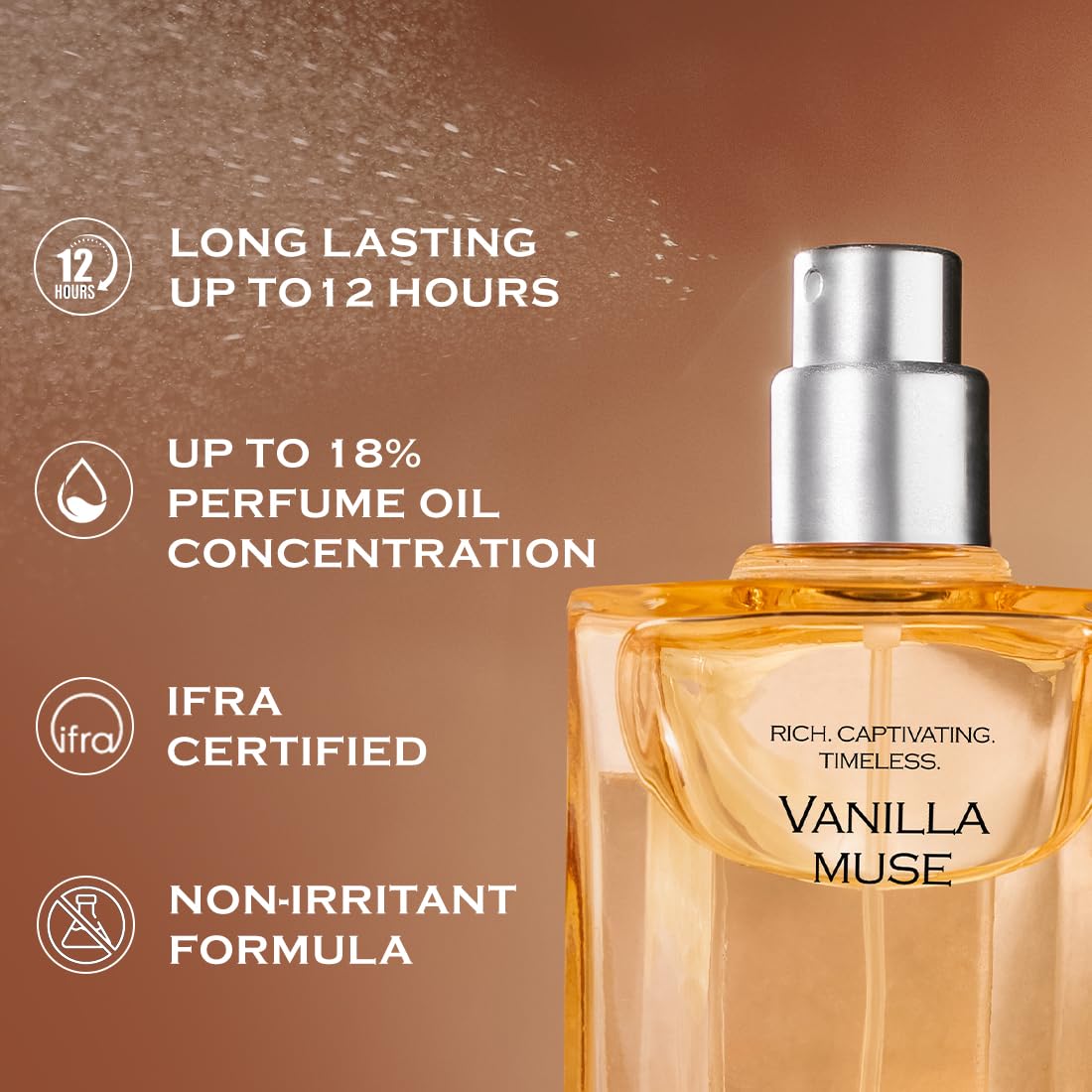 Perfume bottle labeled 'Vanilla Muse' with product features on a brown background