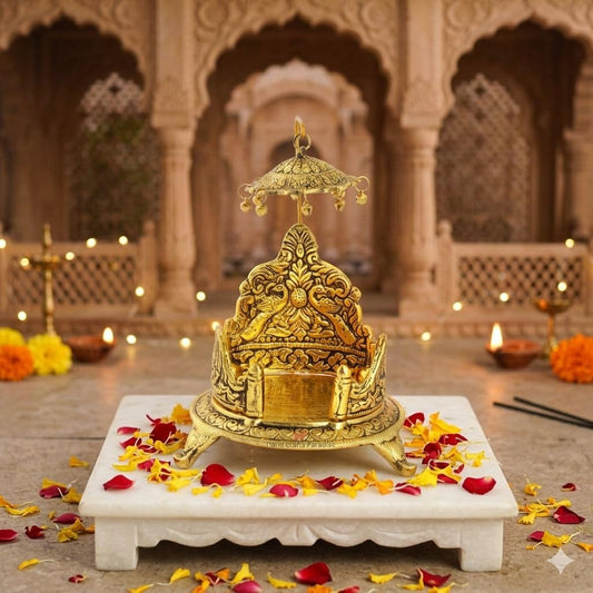 Metal Singhasan for God Idol Antique Gold Finish Divine Throne with Peacock Engraving Singhasan for Mandir Janmashtami & Pooja Room - 9 Inch