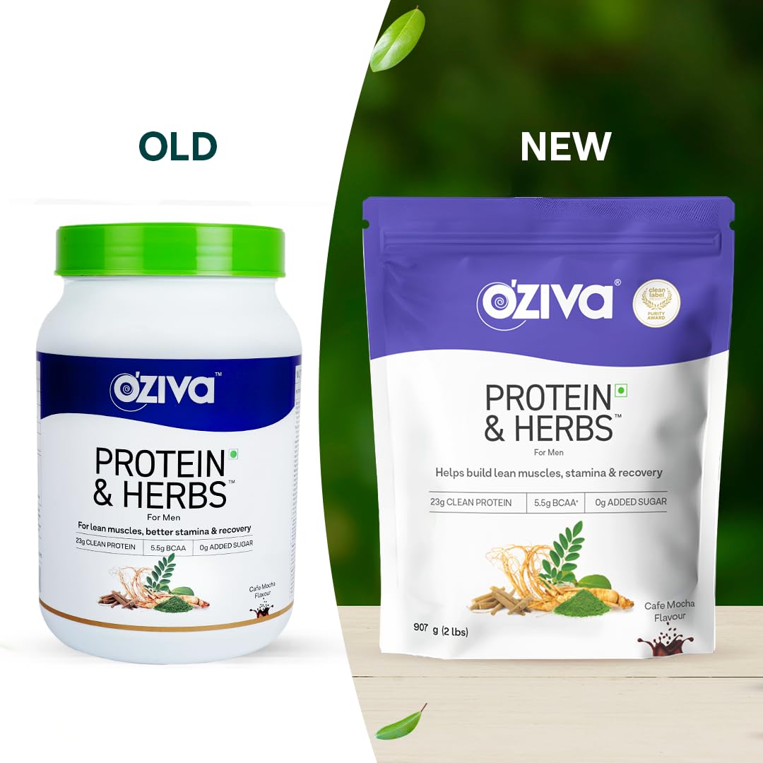OZiva Protein & Herbs for Men (Cafe Mocha) I Muscle Building, Stamina & Recovery | Clean Protein, Shatavari, Green Tea I No Added Sugar, 2lbs (907 gm)
