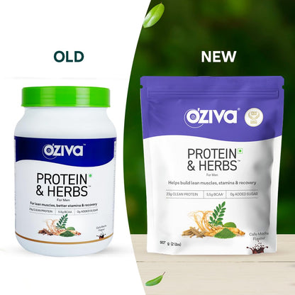 OZiva Protein & Herbs for Men (Cafe Mocha) I Muscle Building, Stamina & Recovery | Clean Protein, Shatavari, Green Tea I No Added Sugar, 2lbs (907 gm)