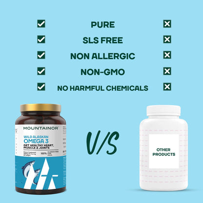 Comparison of Mountainor Wild Alaskan Omega 3 supplement bottle with other product on a blue background.