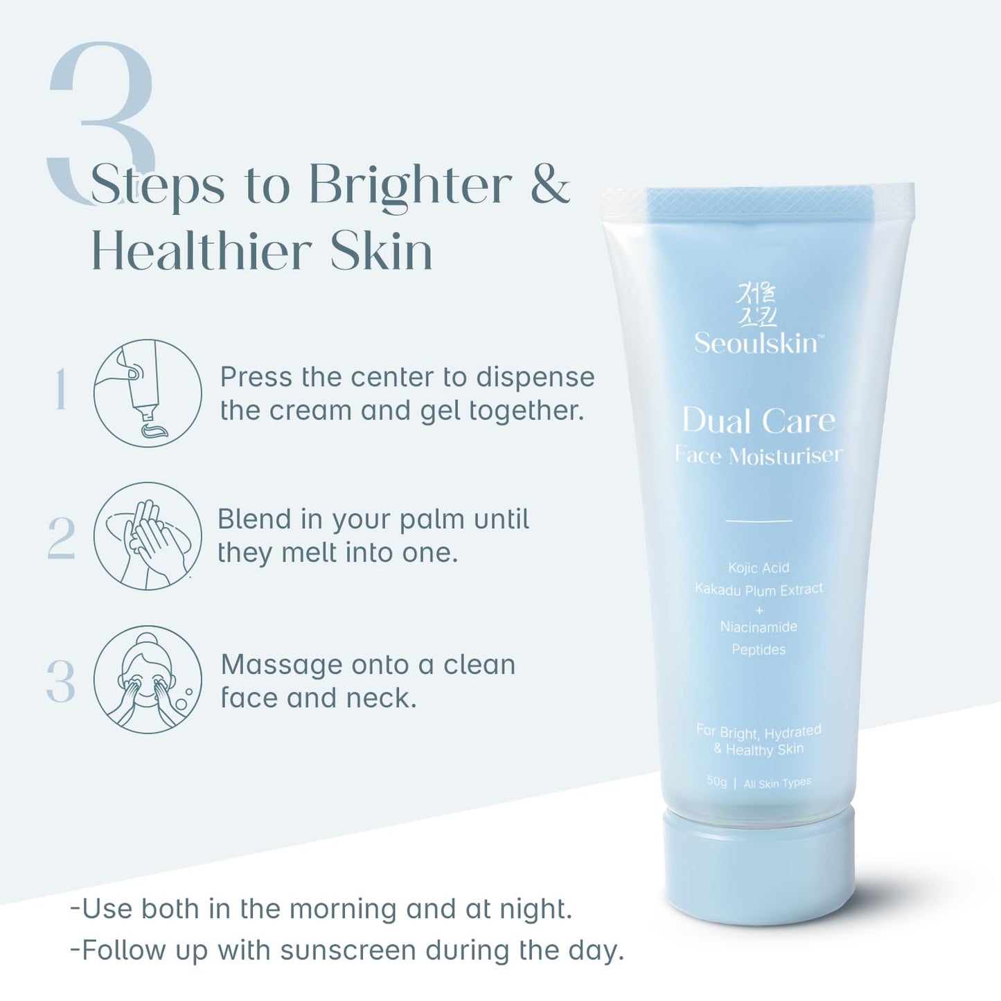Seoulskin Dual Care Face Moisturizer Cream | 2-in-1 Face Moisturizer for Women | Lightweight Gel Cream | Brightening & Hydrating Face Cream | Repairs Skin Barrier | With Kojic Acid, Niacinamide & Peptides | Non-Comedogenic | 50g