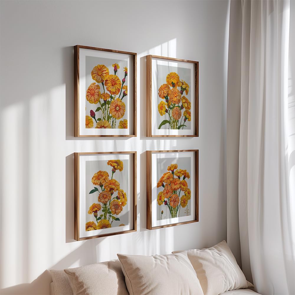 Set of 4 Marigold Flowers Wall Painting for Bedroom & Paintings for Living Room Wall Decor - (10.5X13.5 Inch, Wall Art Paintings)