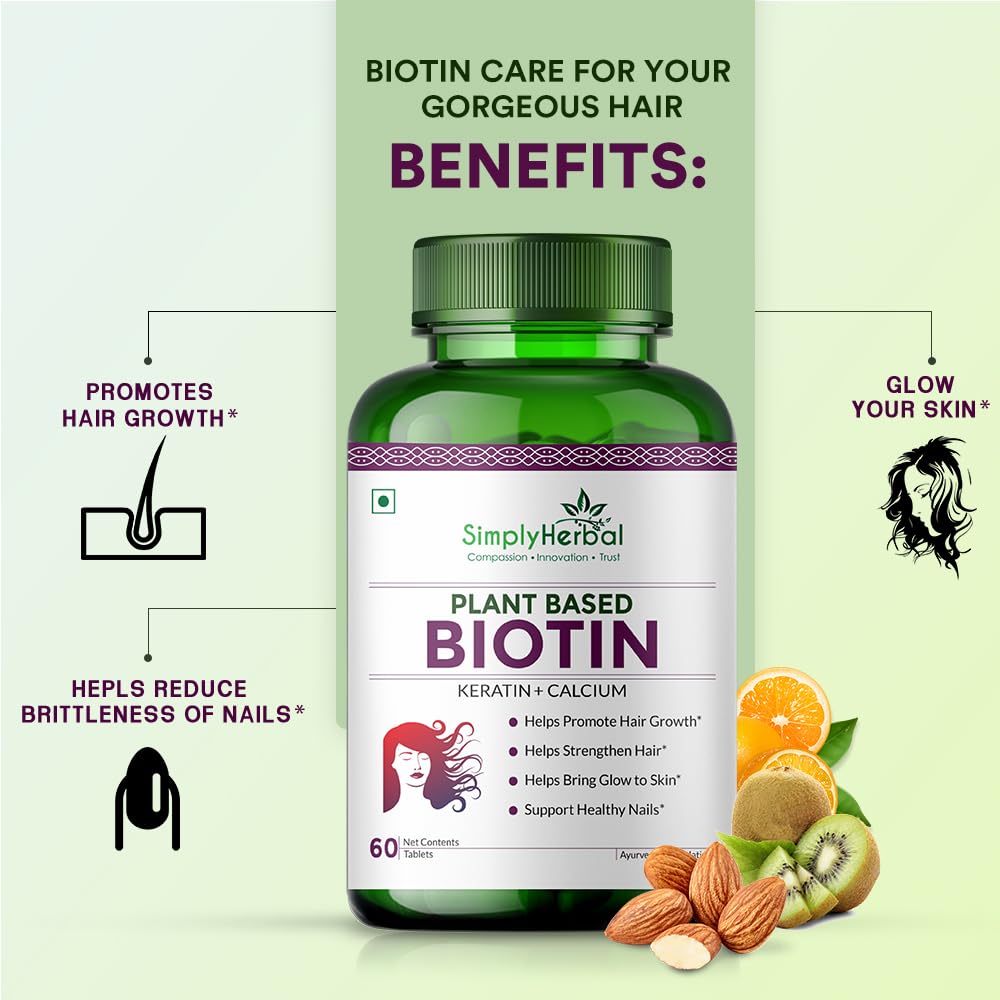 Green bottle of Simply Herbal Plant Based Biotin supplement with benefits listed on a light green background.