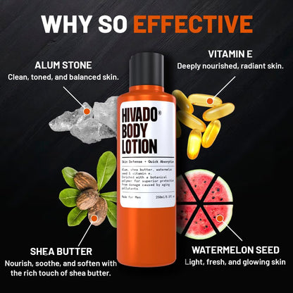 Hivado Men’s Body Lotion 250ml | Deep Hydration Body Moisturizer for Dry & Rough Skin | Watermelon Seed Oil & Shea Butter | 24-Hour Moisture Lock | Lightweight, Non-Greasy & Fast Absorbing | Sulphate & Paraben Free