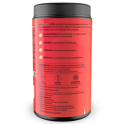 Supplement container with red label on a white background