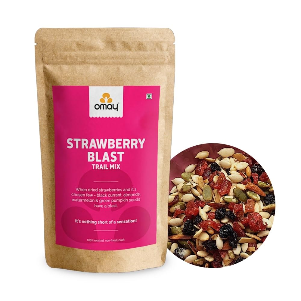 Omay Foods Strawberry Blast Trail Mix, 160g Jar | Dried Strawberry and Black Currant | Roasted Almonds, Pumpkin and Watermelon Seeds | Antioxidant Rich | Healthy Snack | Seeds and Berries Mix