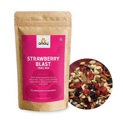 Omay Foods Strawberry Blast Trail Mix, 160g Jar | Dried Strawberry and Black Currant | Roasted Almonds, Pumpkin and Watermelon Seeds | Antioxidant Rich | Healthy Snack | Seeds and Berries Mix